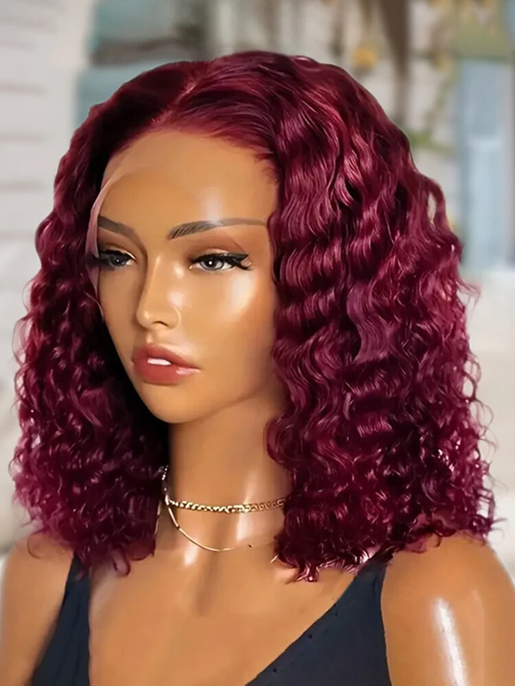 13x4 Water Wave Burgundy Bob Wig with Transparent Lace Front