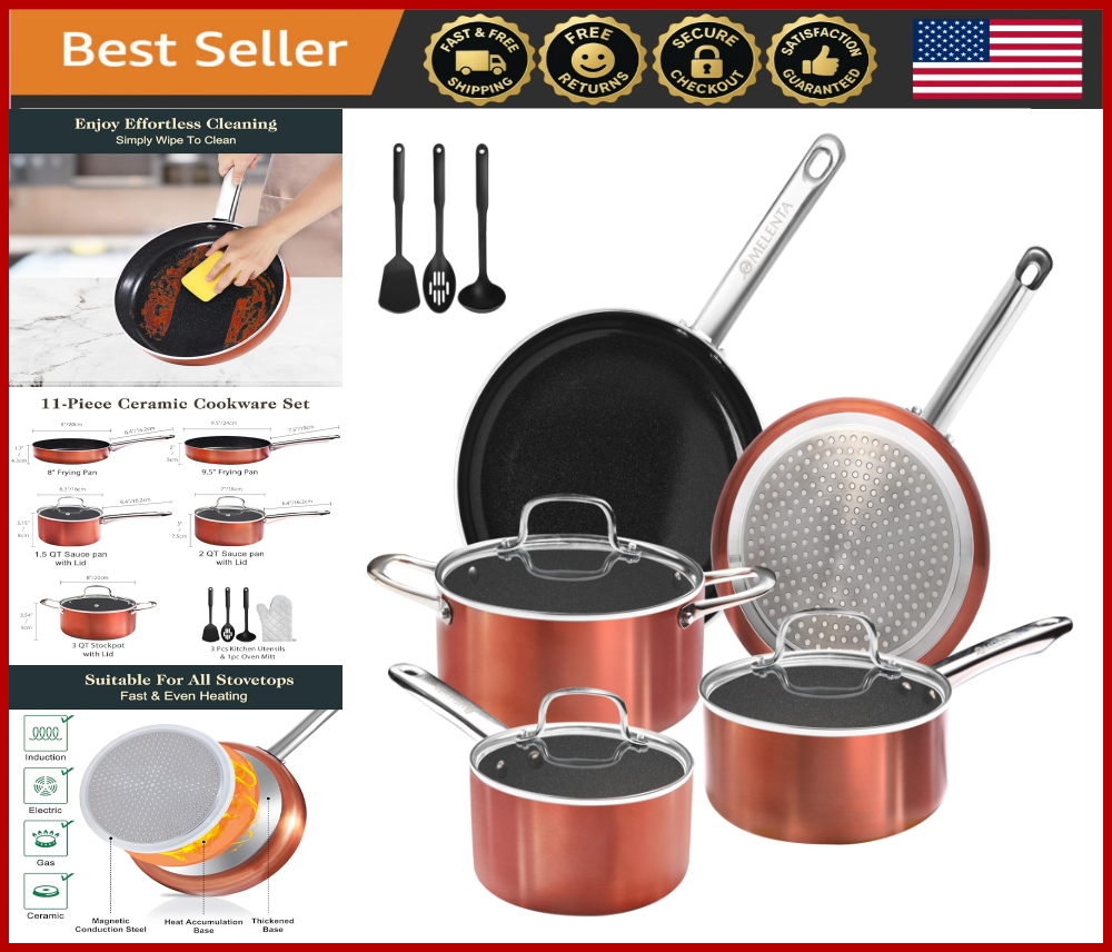 11-Piece Non-Stick Ceramic Cookware Set with Copper Finish for Induction & Oven