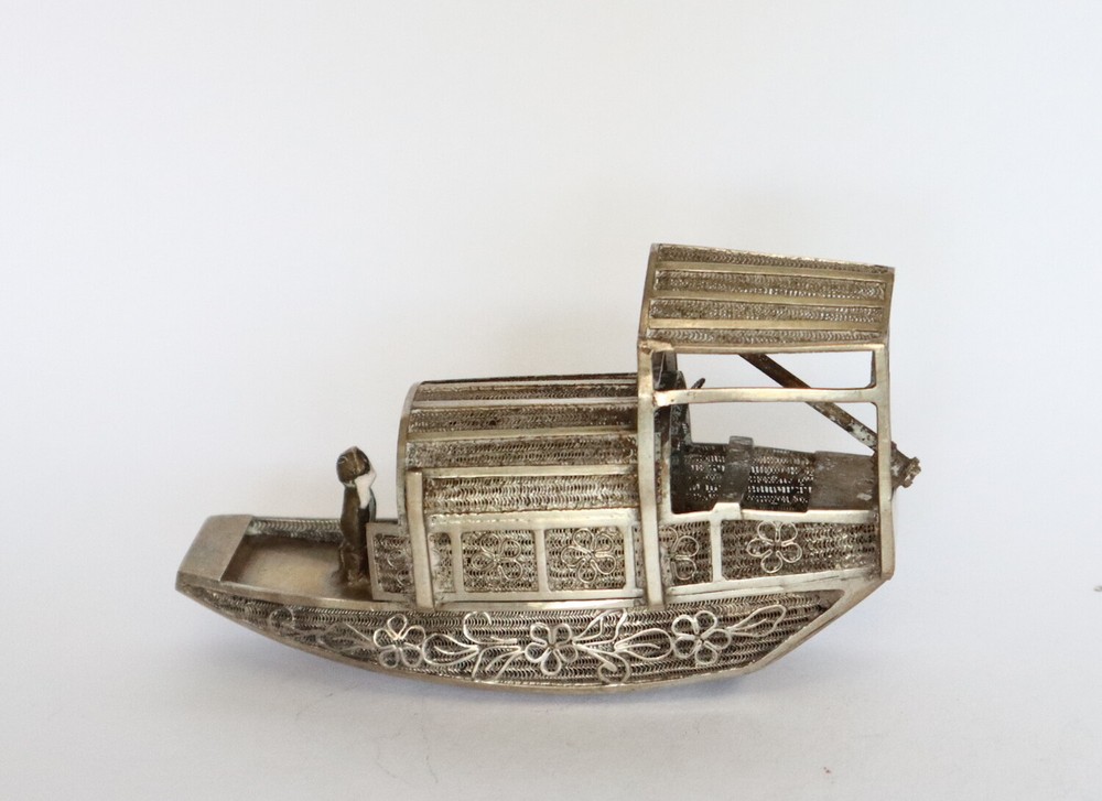 Antique, 1900 Dutch silver miniature of Chinese filigree boat.