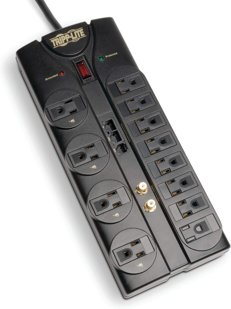 12 Outlet Surge Protector Power Strip, 8Ft Cord, Right-Angle Plug, Tel/Modem/Coa