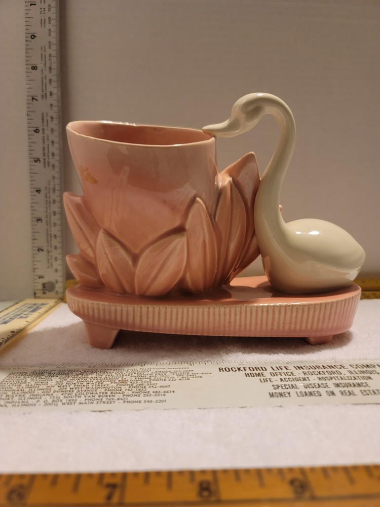 Vintage Pink Water Lily and White Swan Ceramic Planter