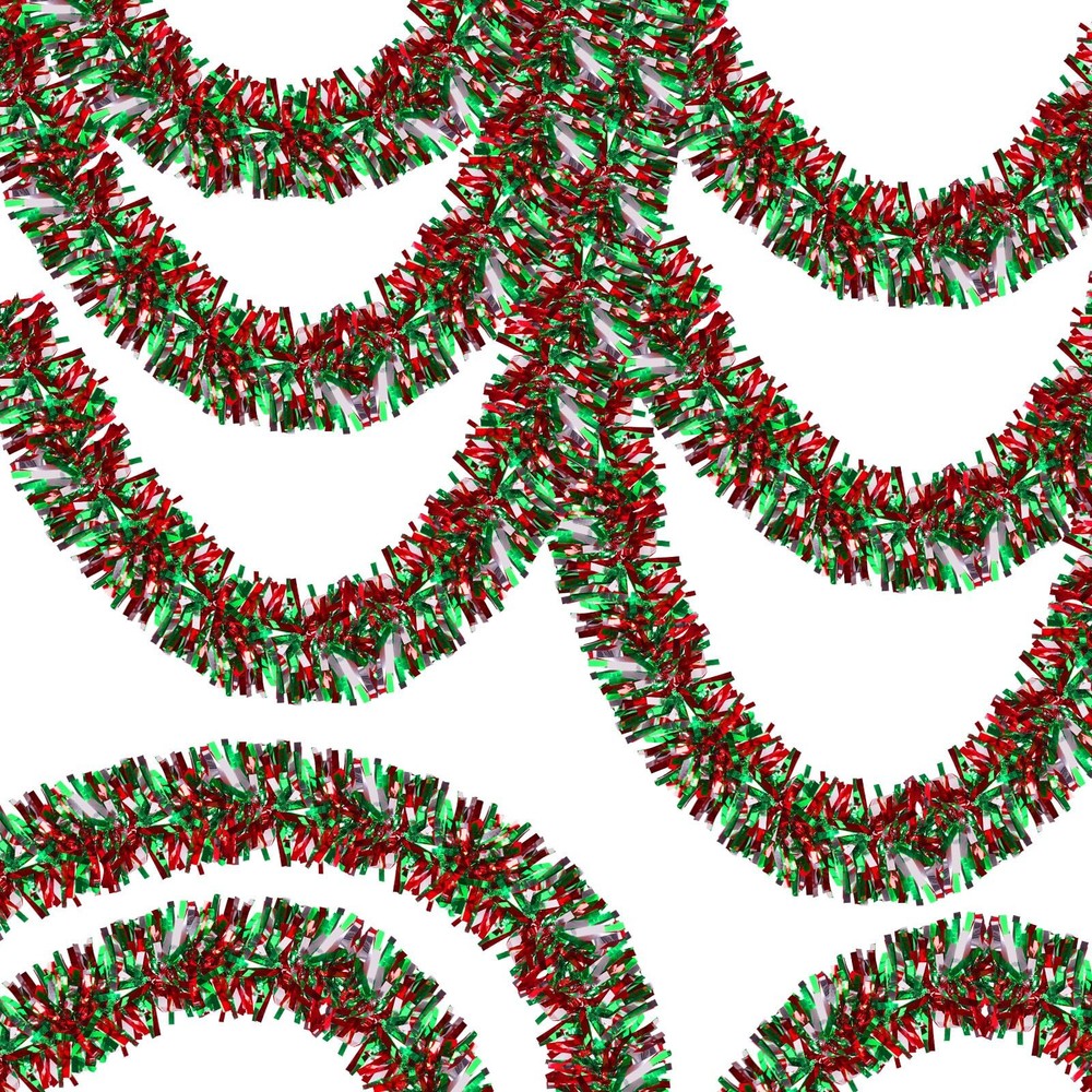 50FT Red Green Sliver Christmas Tinsel Garland, Christmas Garland Tinsel Garl...