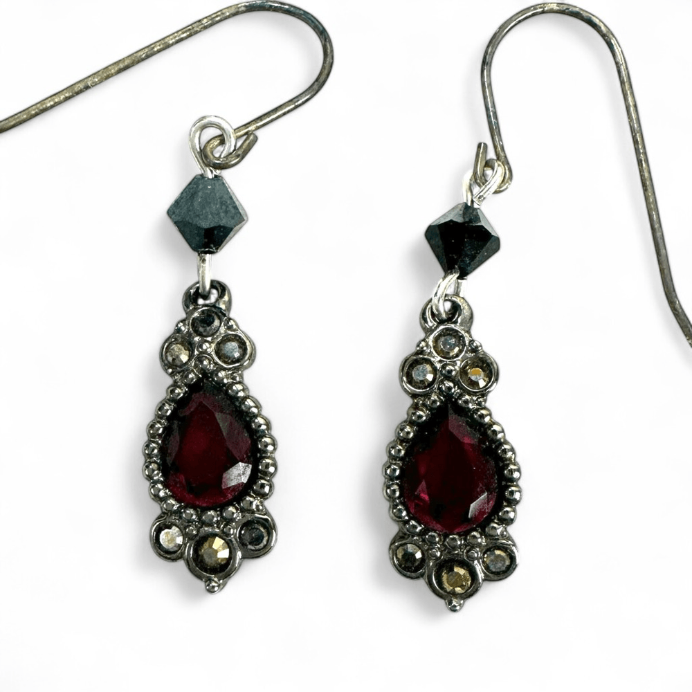 Garnet Filigree Silver Tone Dangle Hook Earrings Regal Dark Victorian Gothic