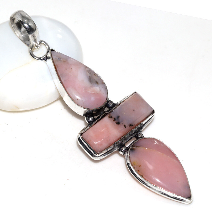 925 Silver Plated Peruvian Pink Opal Ethnic Long Pendant Jewelry Size 2.8