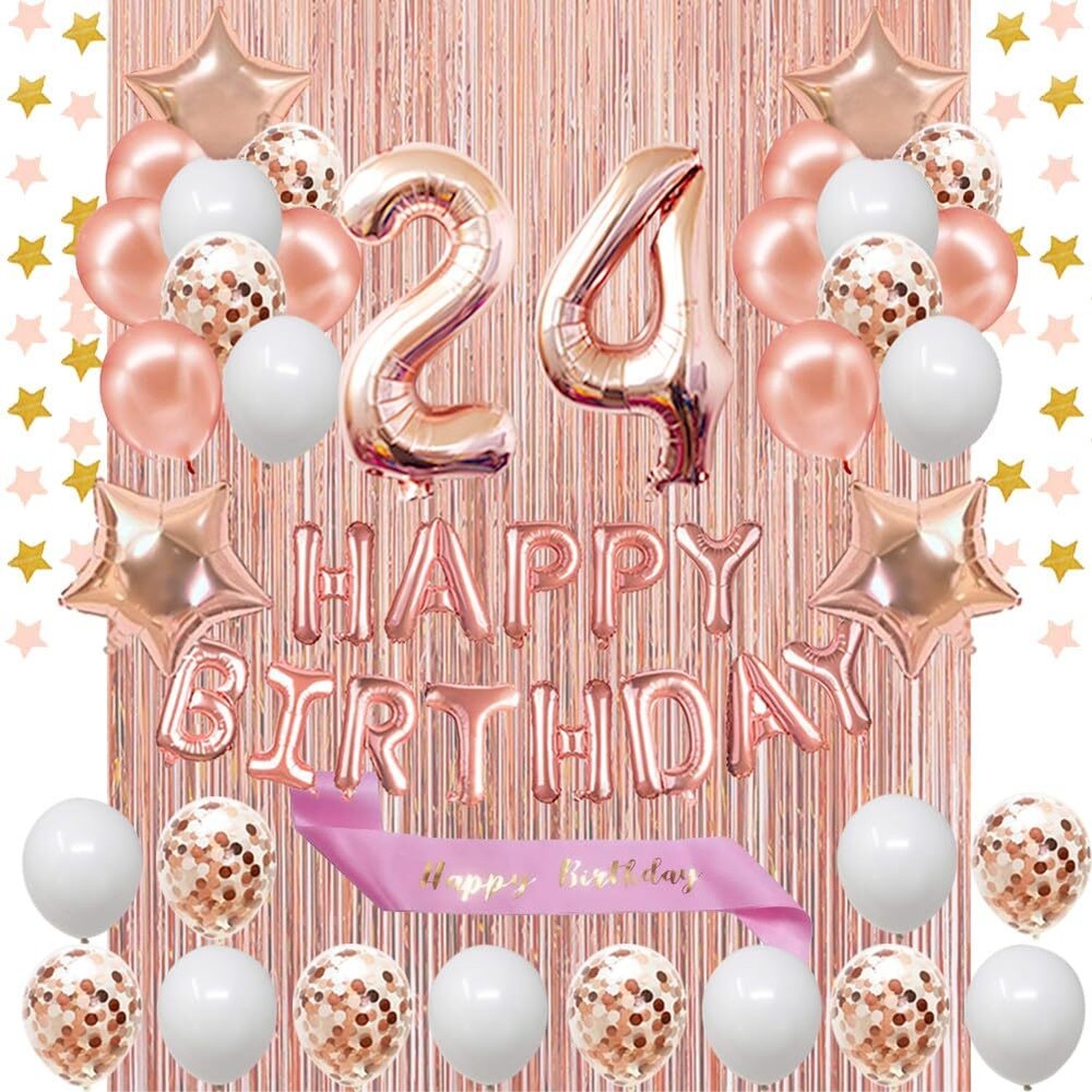 Fancypartyshop 24th Birthday Decorations - Rose Gold Happy Birthday Banner an...