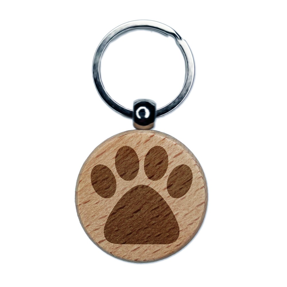 Paw Print Solid Engraved Wood Round Keychain Tag Charm