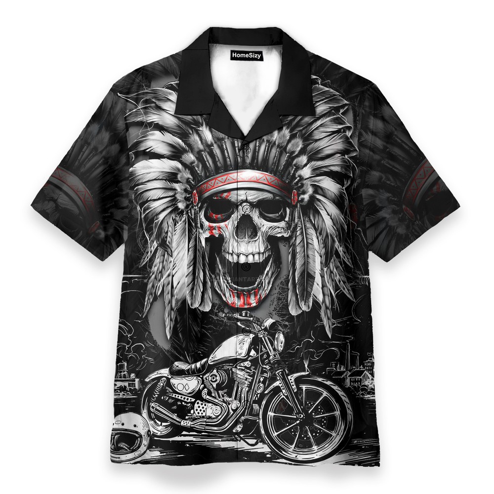 Native American Chief Skull Motorcycle   Hawaiian Shirt