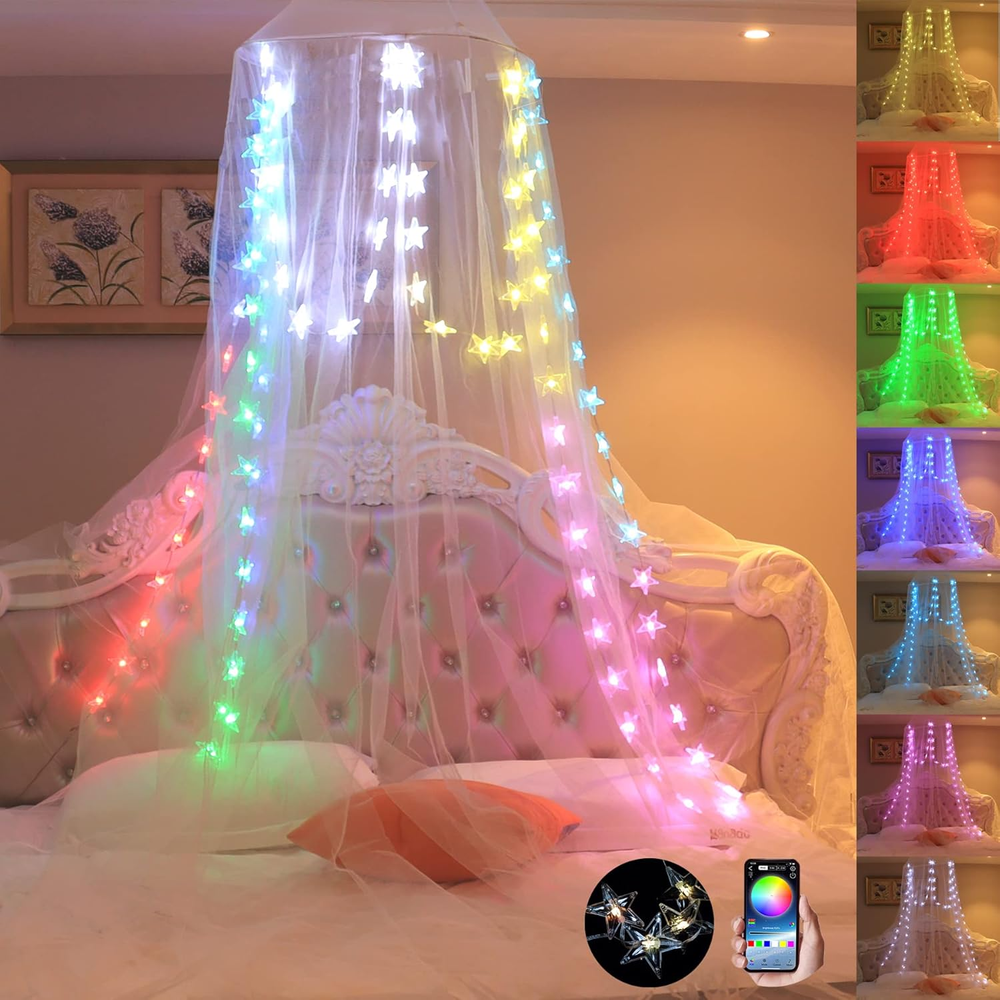 Bed Canopy with Lights,Canopy Bed Curtain with RGB Music Sync Color Changing LED