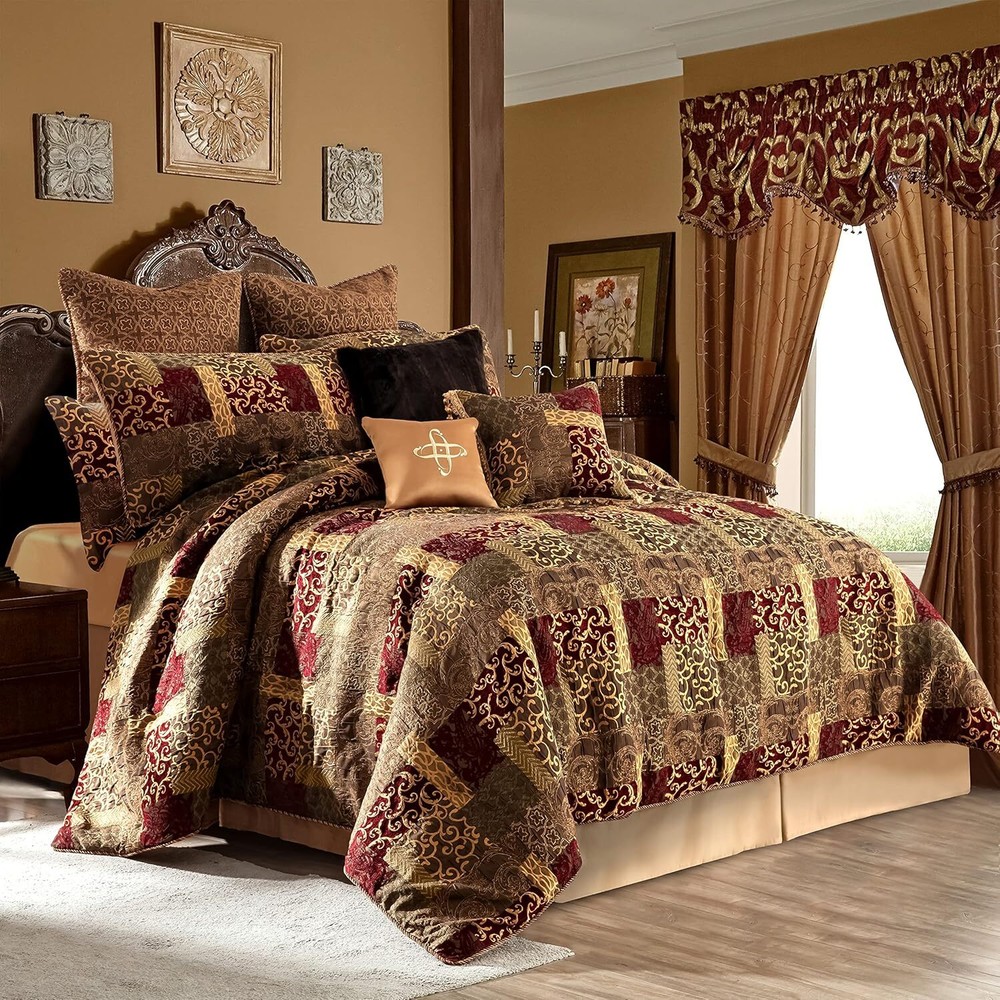 Loom and Mill 9-Piece Jacquard Luxury Patchwork Comforter Set Traditional Bedding