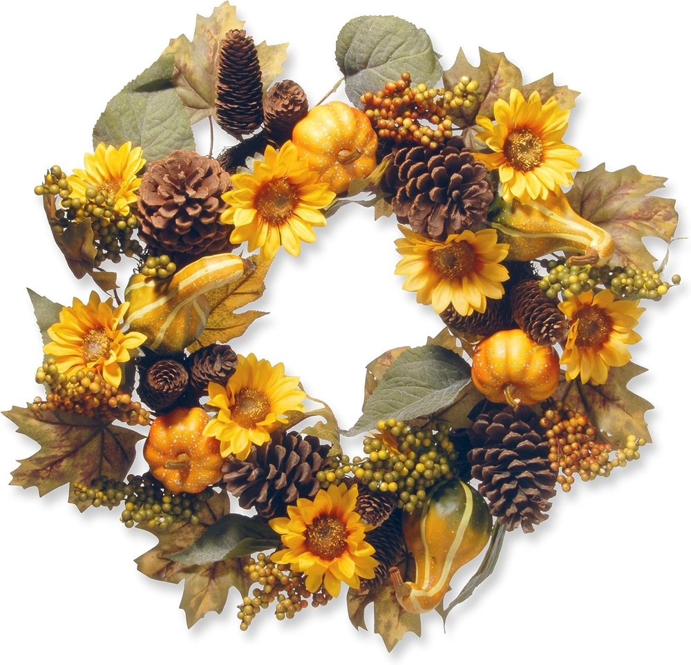 Artificial Autumn Wreath with Pumpkins, Gourds, and Pinecones for Seasonal Decor