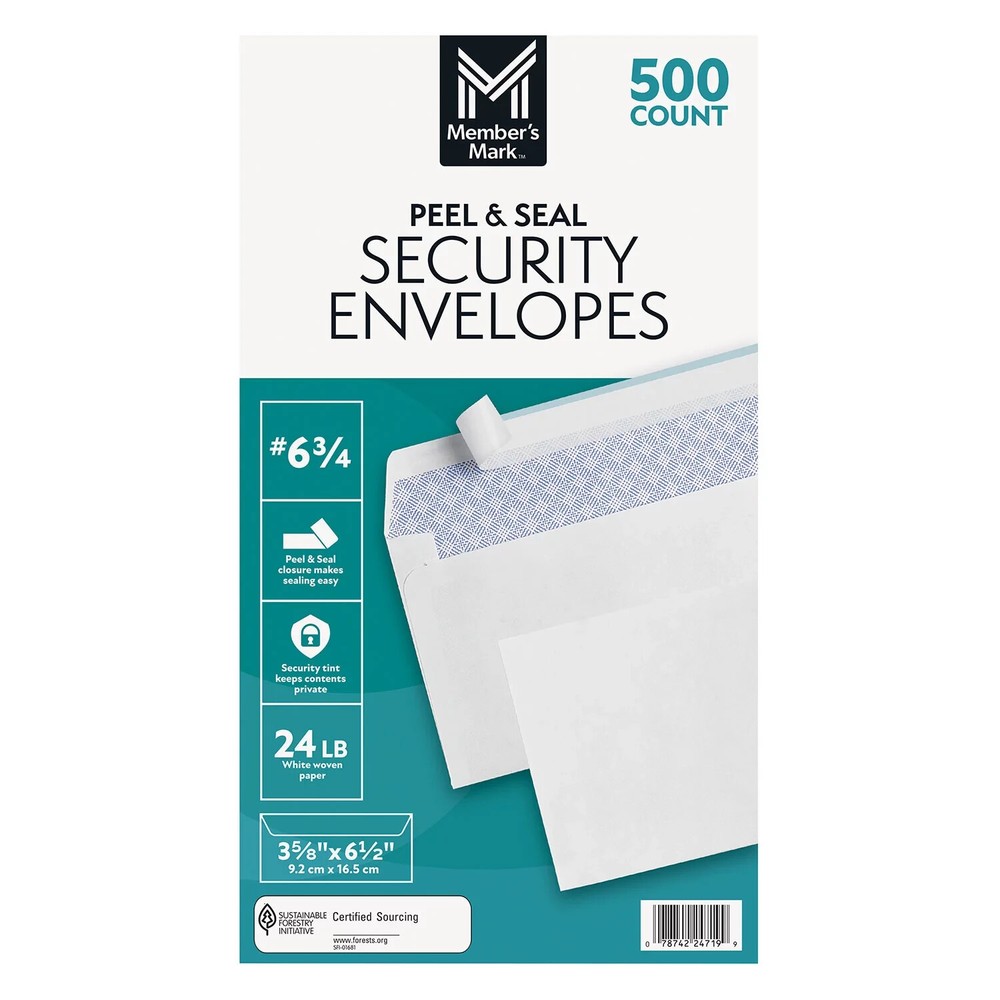 Member's Mark Security Envelope #6-3/4, 500 Count - Durable & Confidential Maili