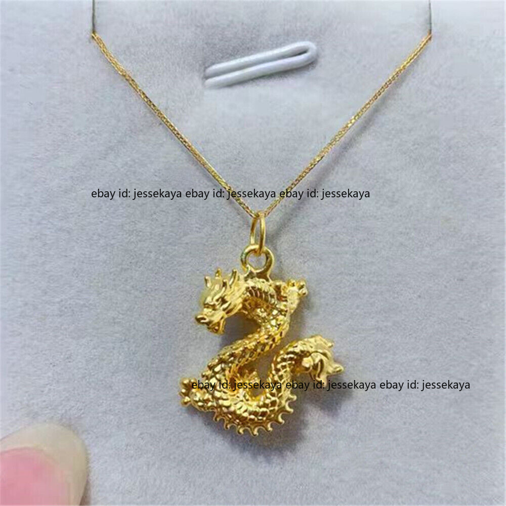 1pcs Pure 999 24K Yellow Gold Dragon Pendant With 18K Wheat Link Necklace 18inch