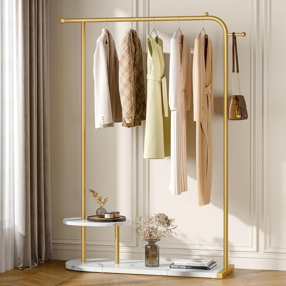 67 Inch Gold Clothing Rack with Two-Tier Storage - Modern Coat Hanger for Organized Wardrobe