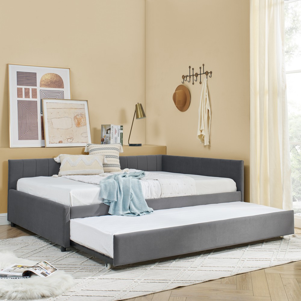 Full Size Upholstered Tufted Daybed with Trundle Sofa Bed Frame