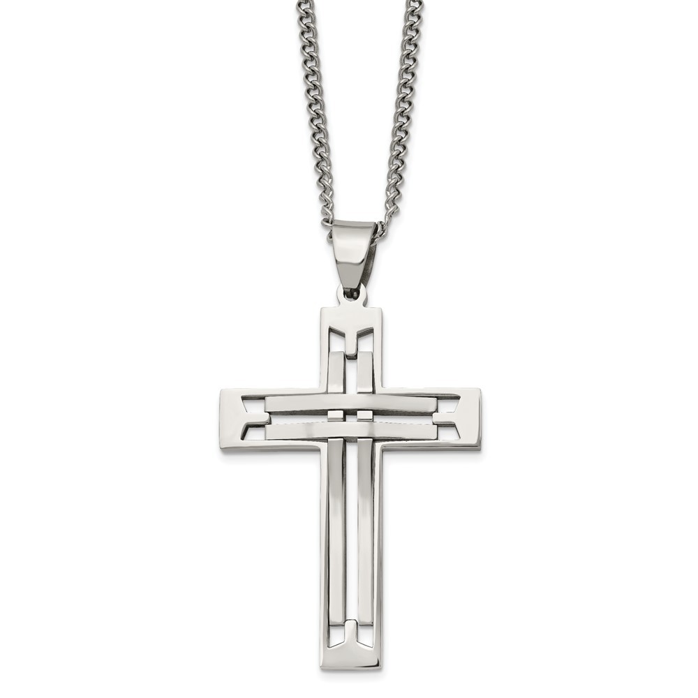 Stainless Steel Polished Cross Pendant Curb Chain Necklace 24 Inch 27.67g