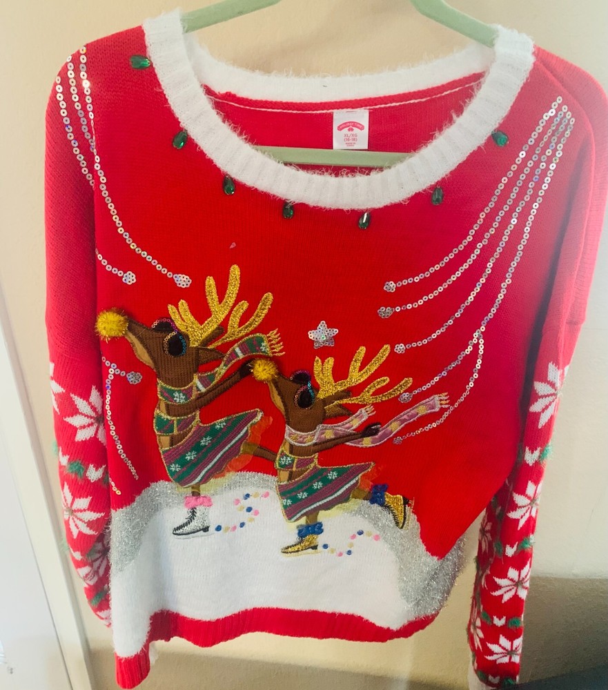 Reindeers Iceskating Christmas Sweater Embellished - Size XL