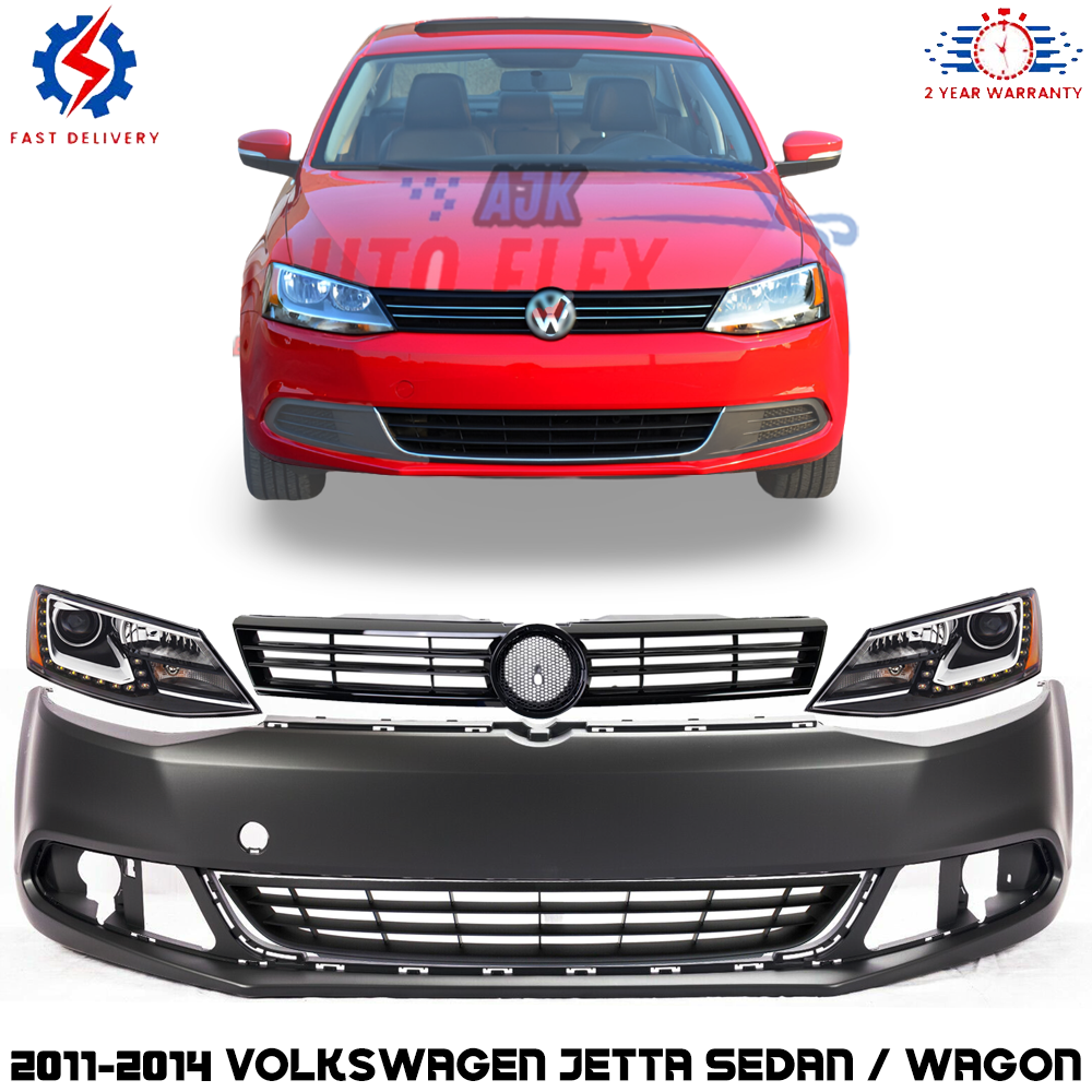 Front Bumper Cover Paintable & Grille Kit For 2011-2014 Volkswagen Jetta
