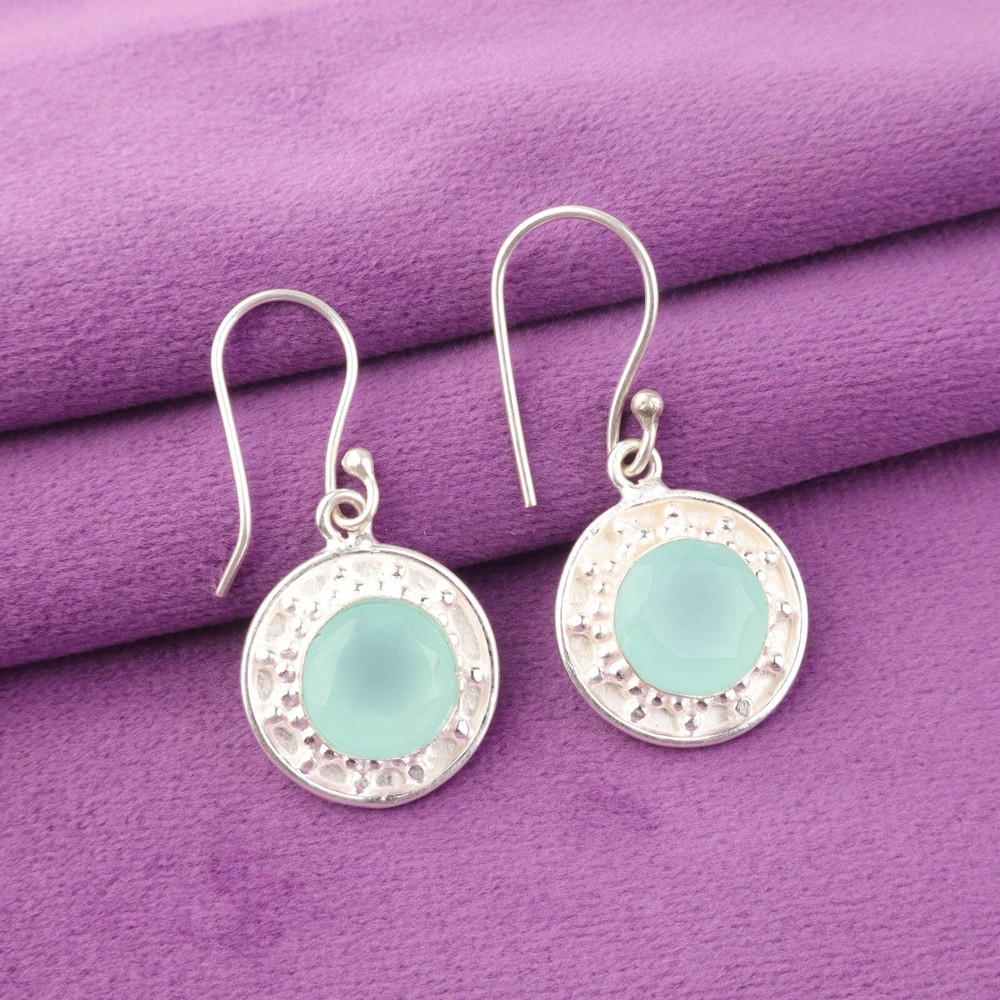 Aqua Chalcedony Gemstone Sterling Silver Wife Drop Dangle Artisan Bezel Earrings