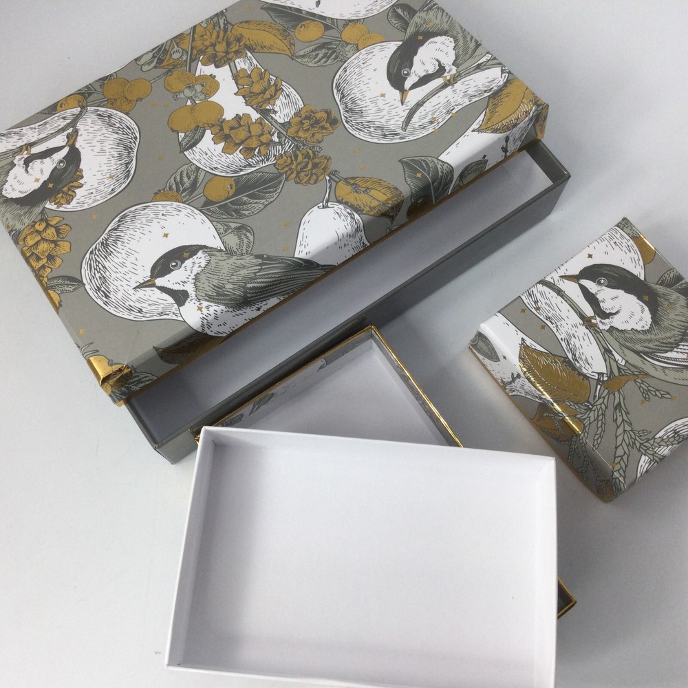 3 Small Cardboard Boxes Lids Gift Storage Gold Silver Birds Fruits Flowers Empty