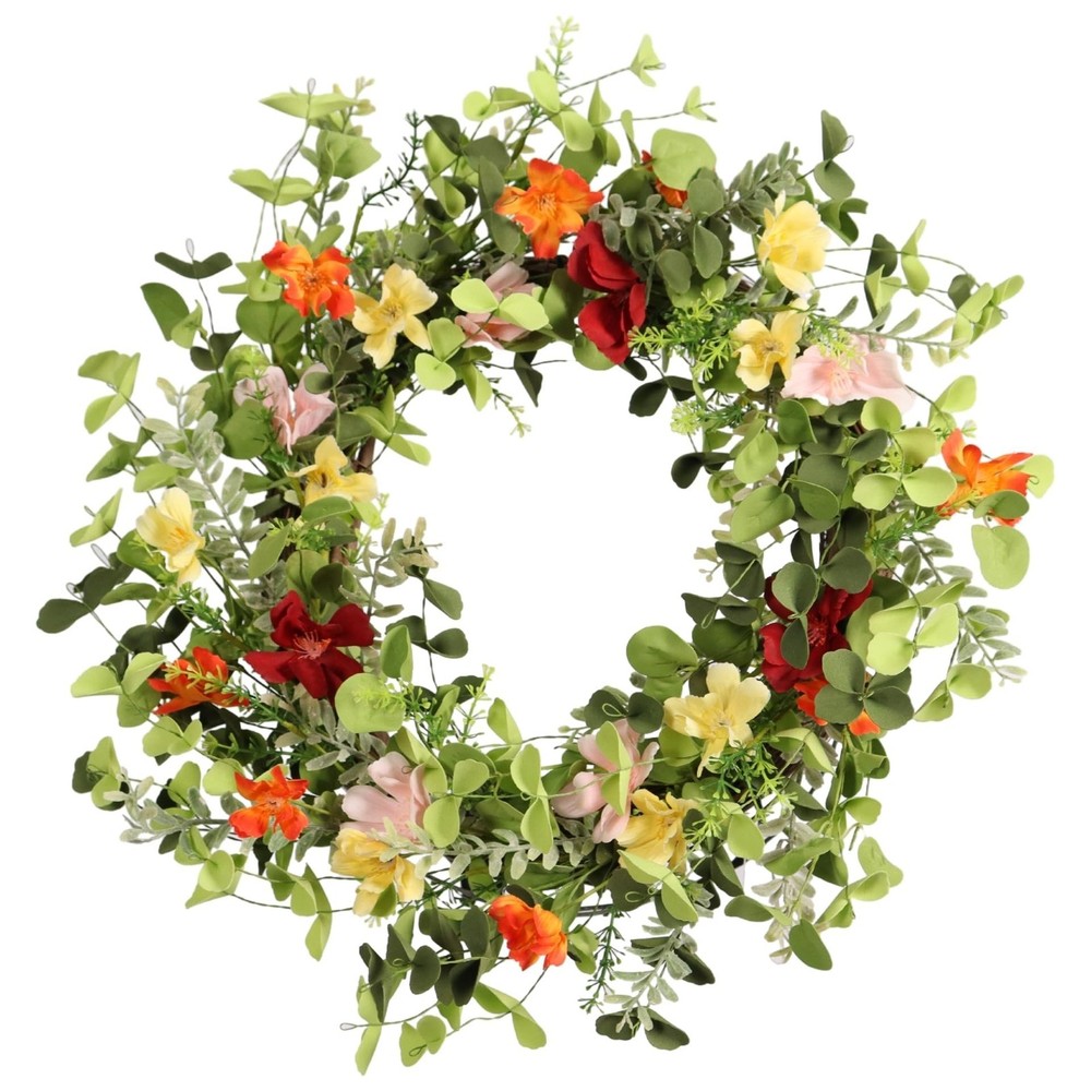 22IN Artificial Spring Summer Wreath with Wild Flowers & Silk Daisies Eucalyp...
