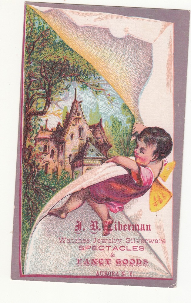 J B Liberman Watches Jewelry Spectacles Aurora NY Nymph Castle Vict Card c1880s
