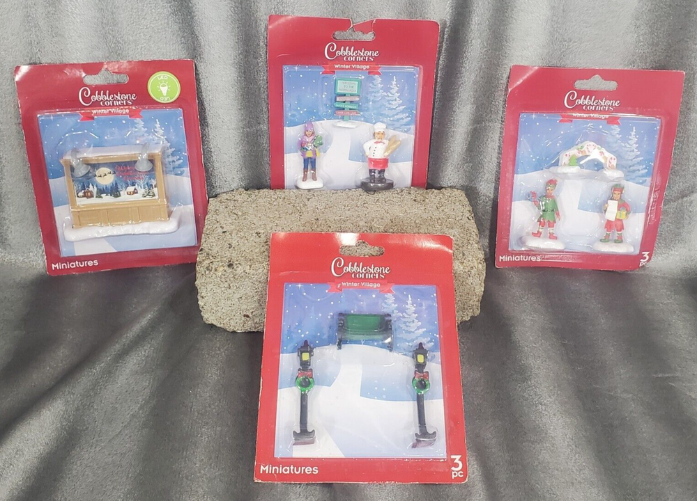 Cobblestone Corners Winter Village Miniatures 10 Pieces  LED Billboard +9 piece