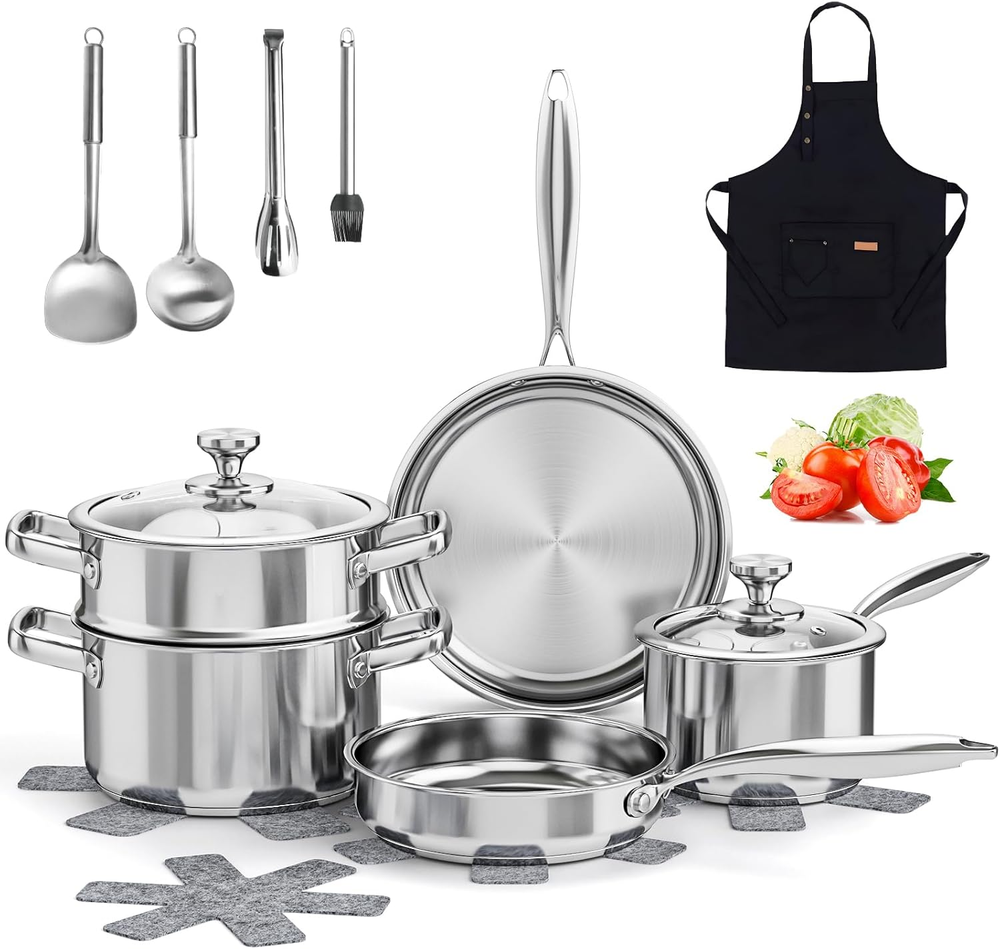 16-Piece Stainless Steel Cookware Set – Non-Toxic & Induction Compatible Pots and Pans