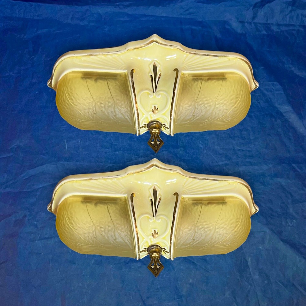 Pair of beautiful cream/golden ceramic flush mount slip shades 19G