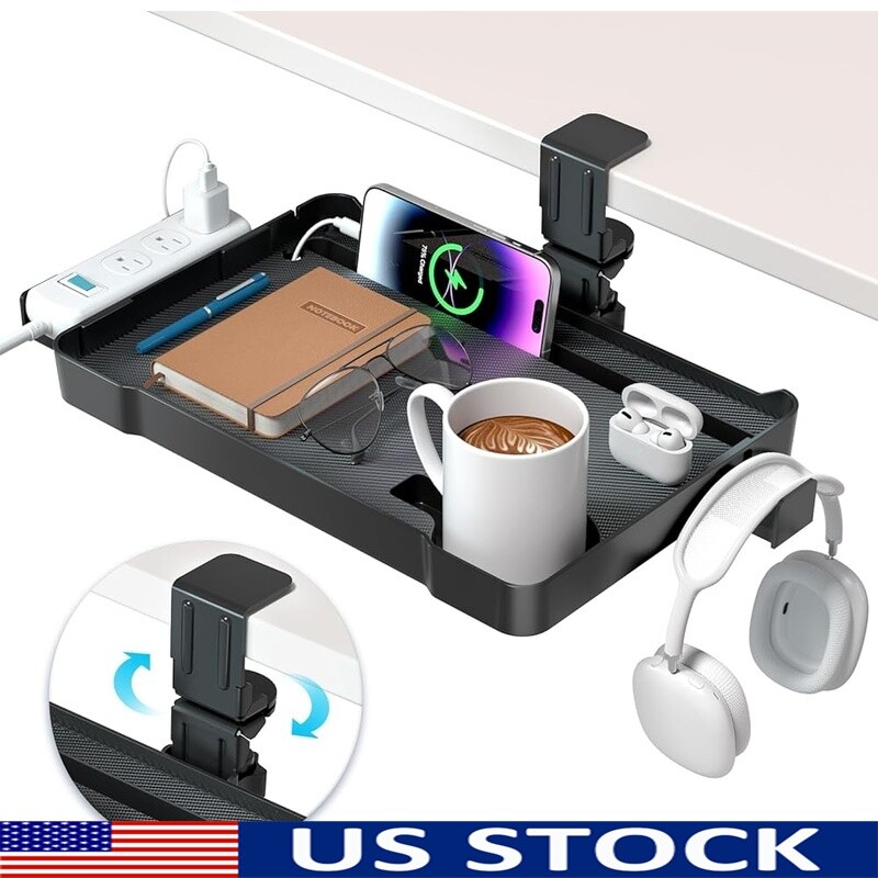 360° Rotating Under Desk Organizer with Cup Holder & Phone Tablet Storage