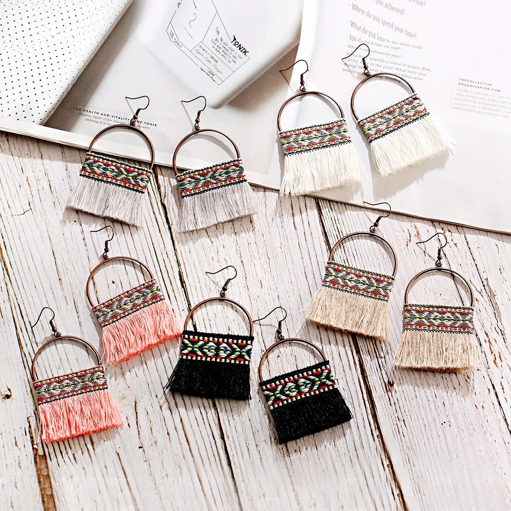Boho Statement Tassel Earrings Women Vintage Colorful Weave Dangle Earrings Gift