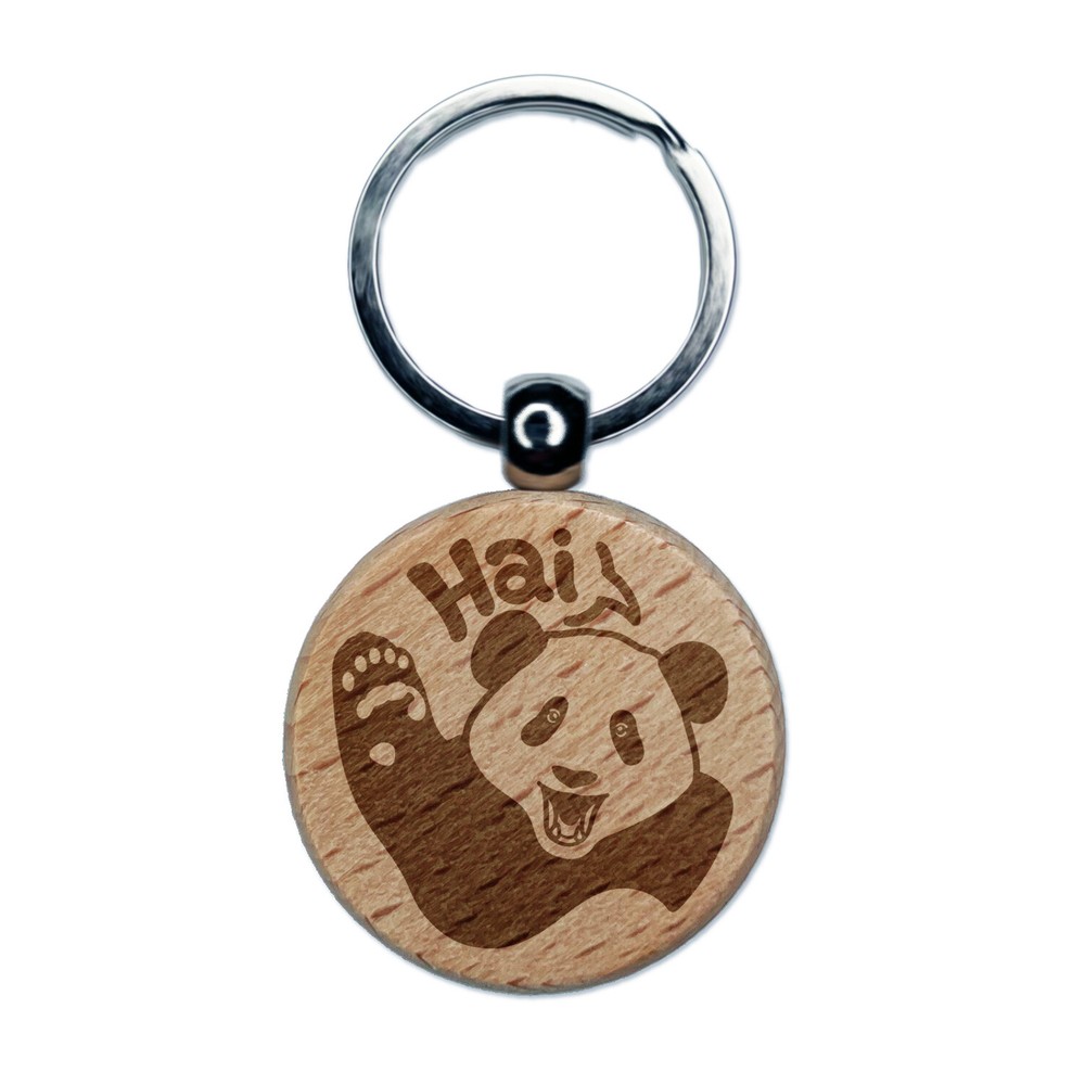 Waving Panda Saying Hai Engraved Wood Round Keychain Tag Charm
