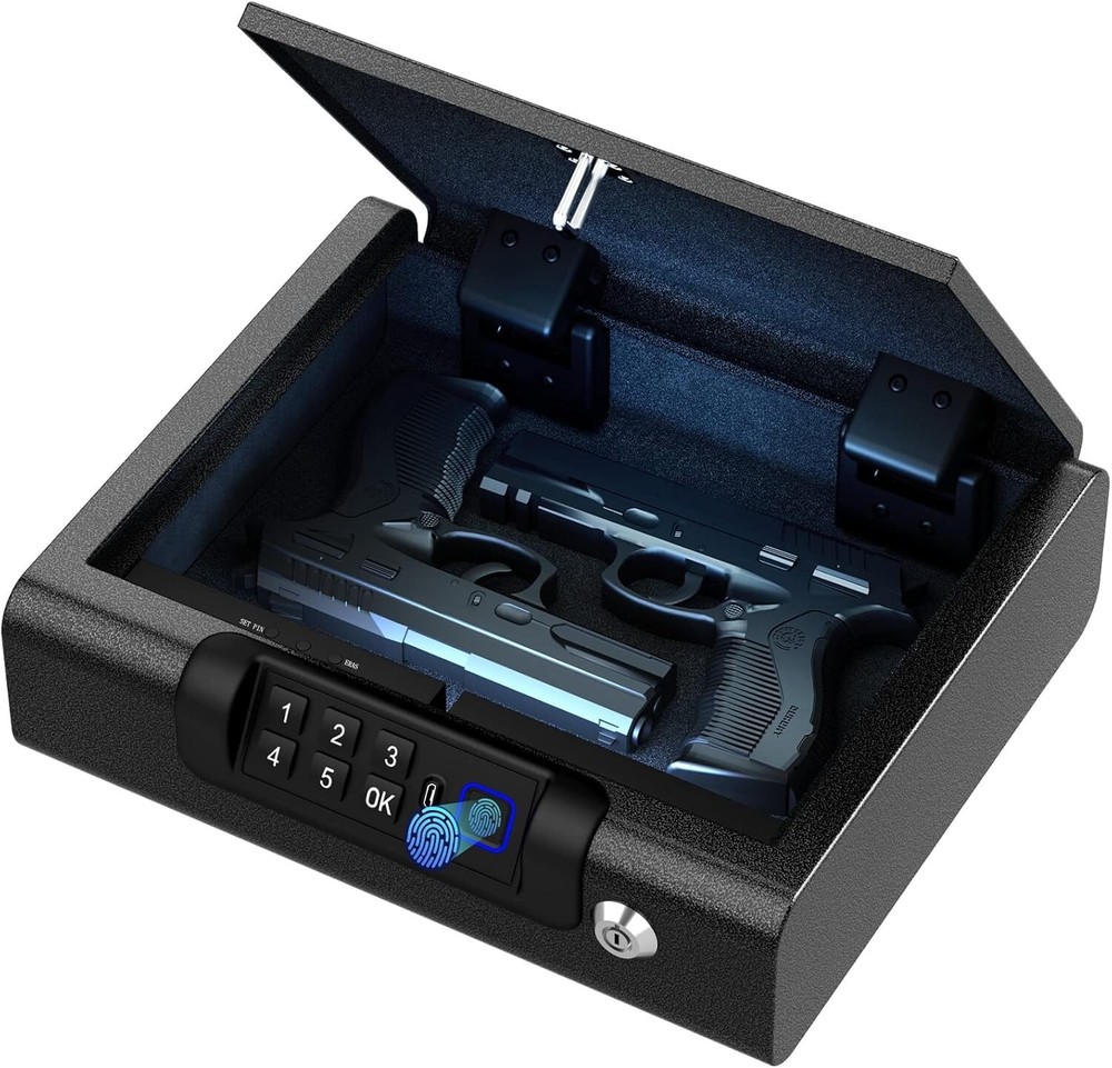 Compact Biometric Gun Lock Box with Key & PIN Access – Perfect for Home & Auto
