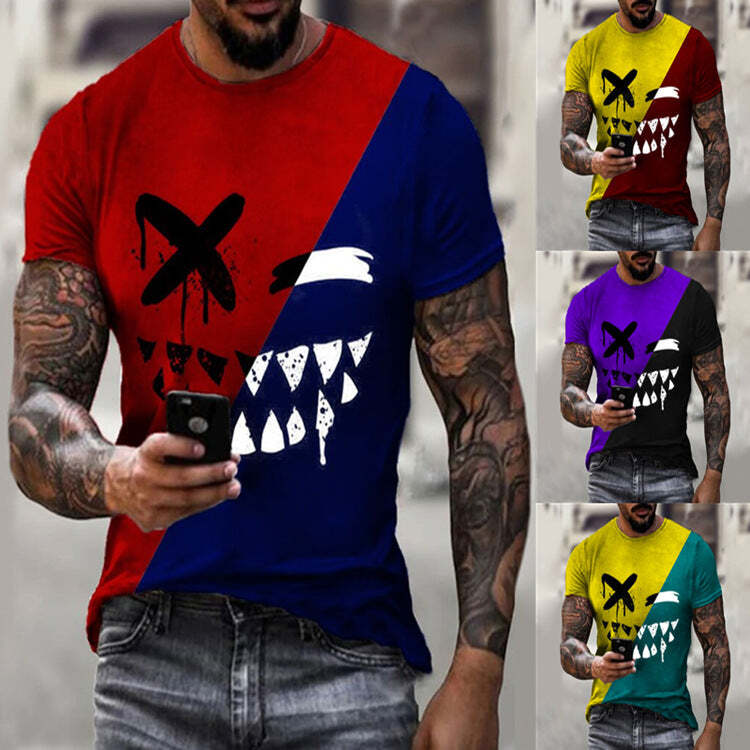 Round Neck Colorblock Smiley Face Short-Sleeved T-Shirt Men Casual T-shirt