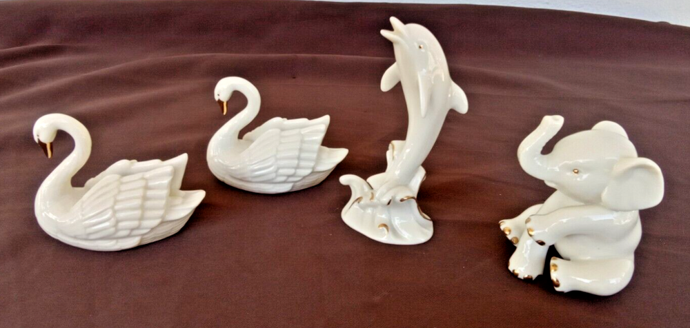 Lennox Vintage Miniature 24kt Trim Set Of Animals (2 Swans-Dolphin-Elephant)