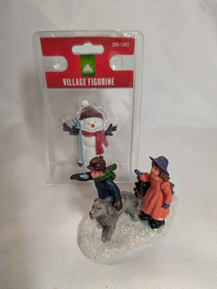 Lot Of 2 Christmas Village Figures  Snowman With Skies & Children Will Dog