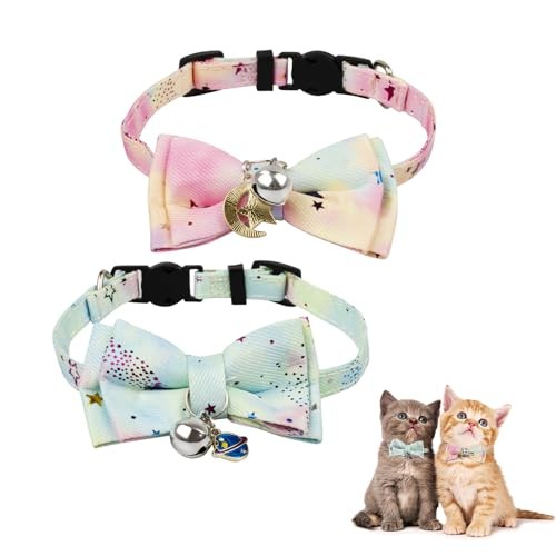 2 Pack Cat Collar with Breakaway Bowtie and Bell Yellow blue+Purple pink