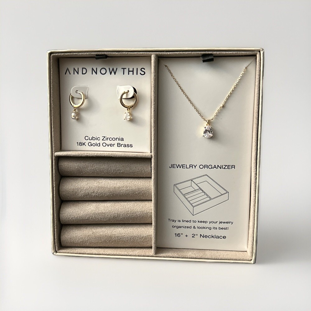 18K Gold Over Brass CZ Earrings with 16-Inch Necklace Set