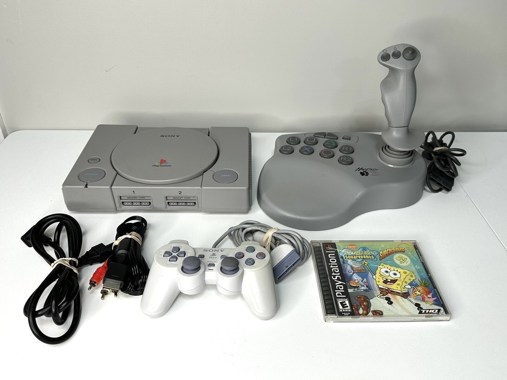 Sony PlayStation PS1 Console, Controller, Flight Stick, Spongebob Game Tested