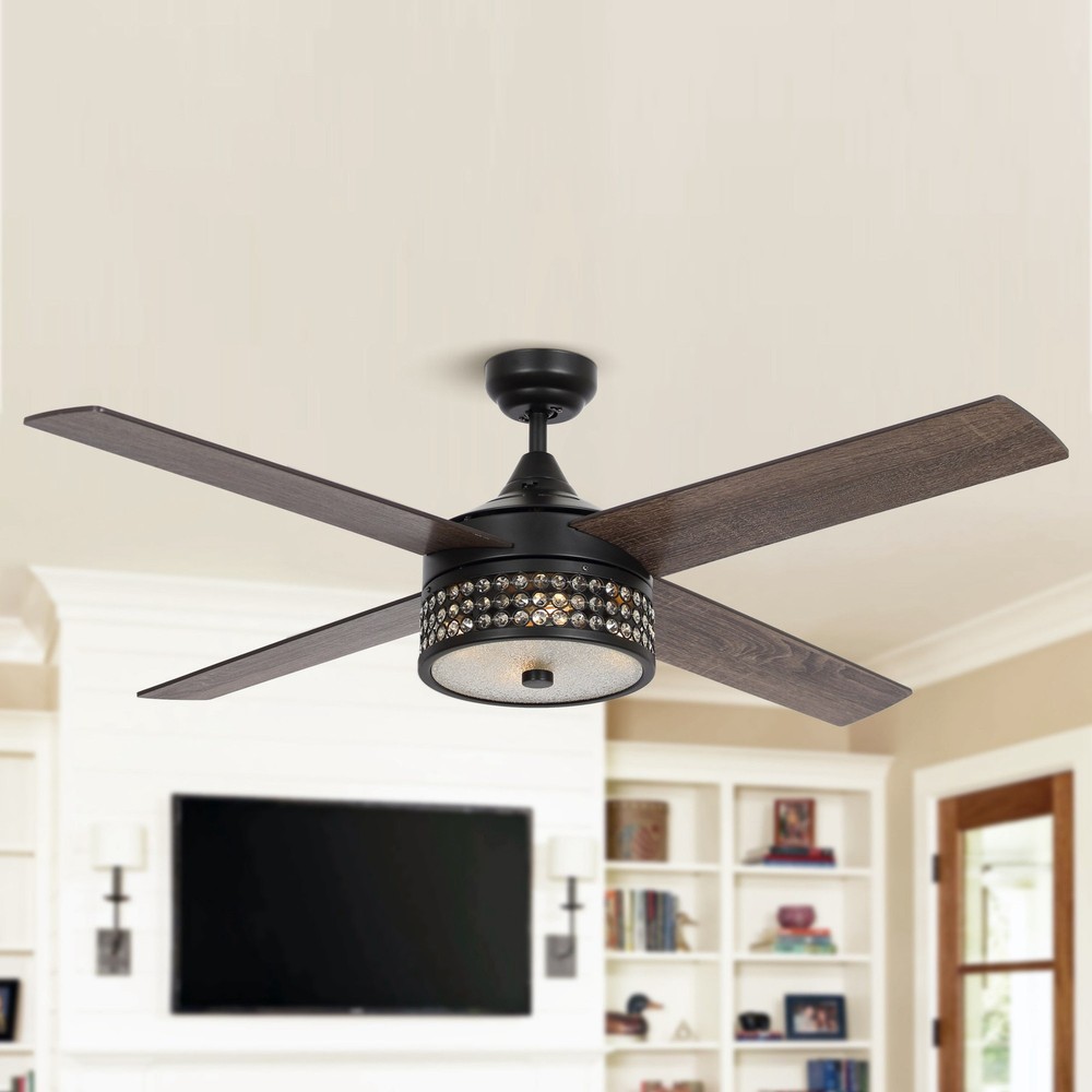 52-inch Black Farmhouse Ceiling Fan with 4 Blades and Reversible Crystal Shade