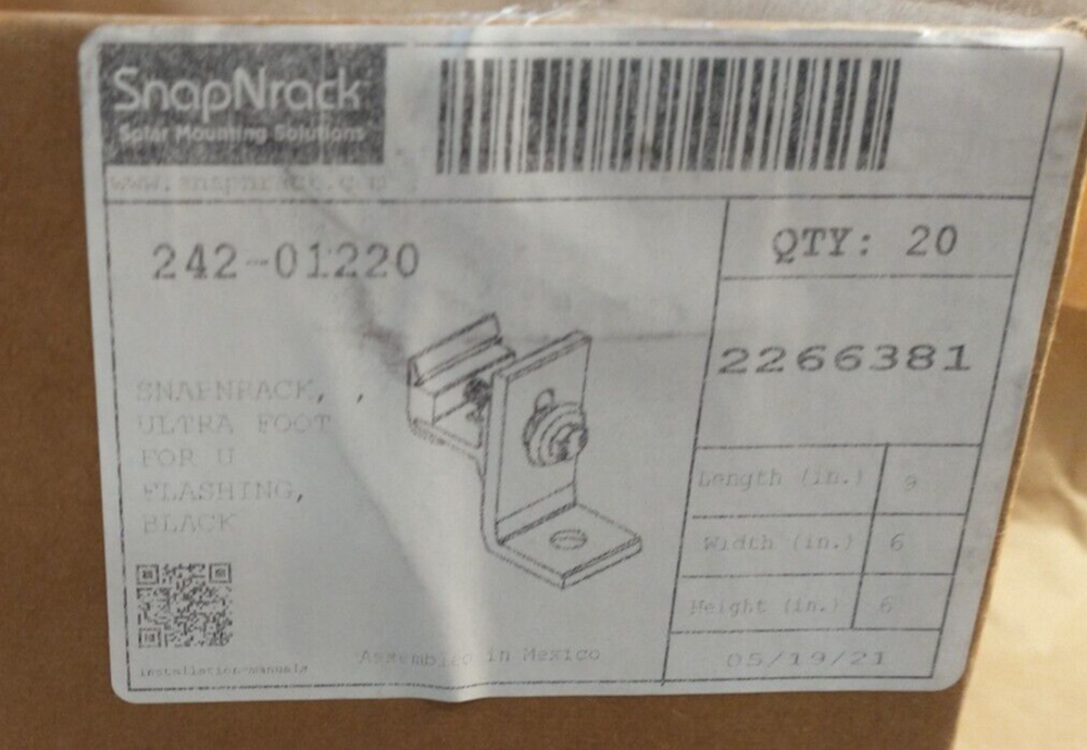 Box of 20, SnapNrack 242-01220 Black Ultra Rail Umbrella L-Foot - Fast Shipping