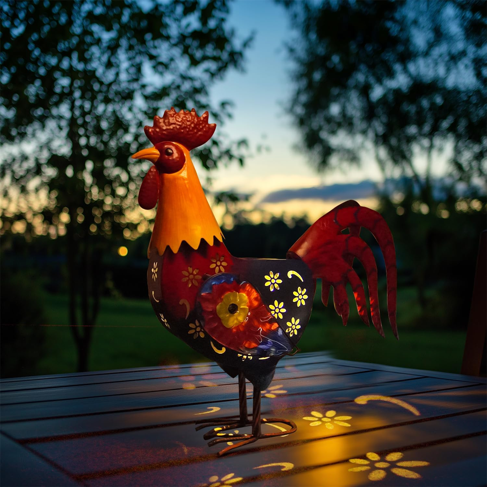 18-Inch Solar Metal Rooster Garden Statue for Outdoor Farm or Lawn Decor