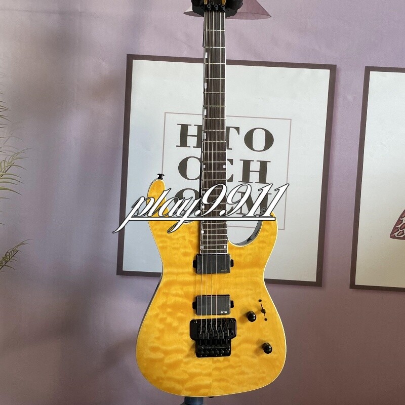 Hot Sale Yellow ST Solid Electric Guitar Black Double Tremolo Bridge Factory