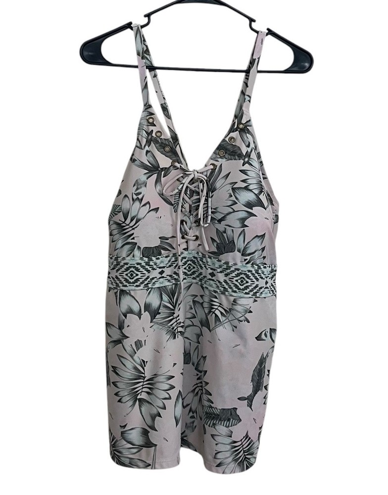 Time and Tru Petal Pink Green Palm Lace-Up Tankini Top 2X Tropical Floral