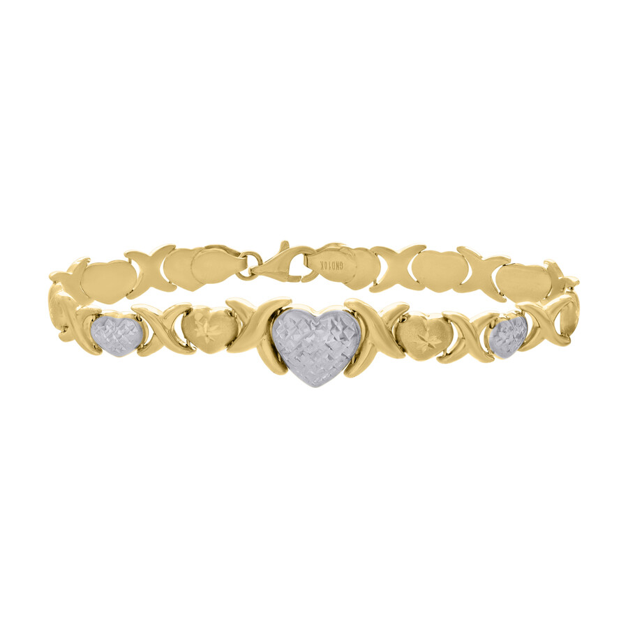 10K Two-Tone Gold Heart Link Bracelet 8 Inch 6.4g for Women