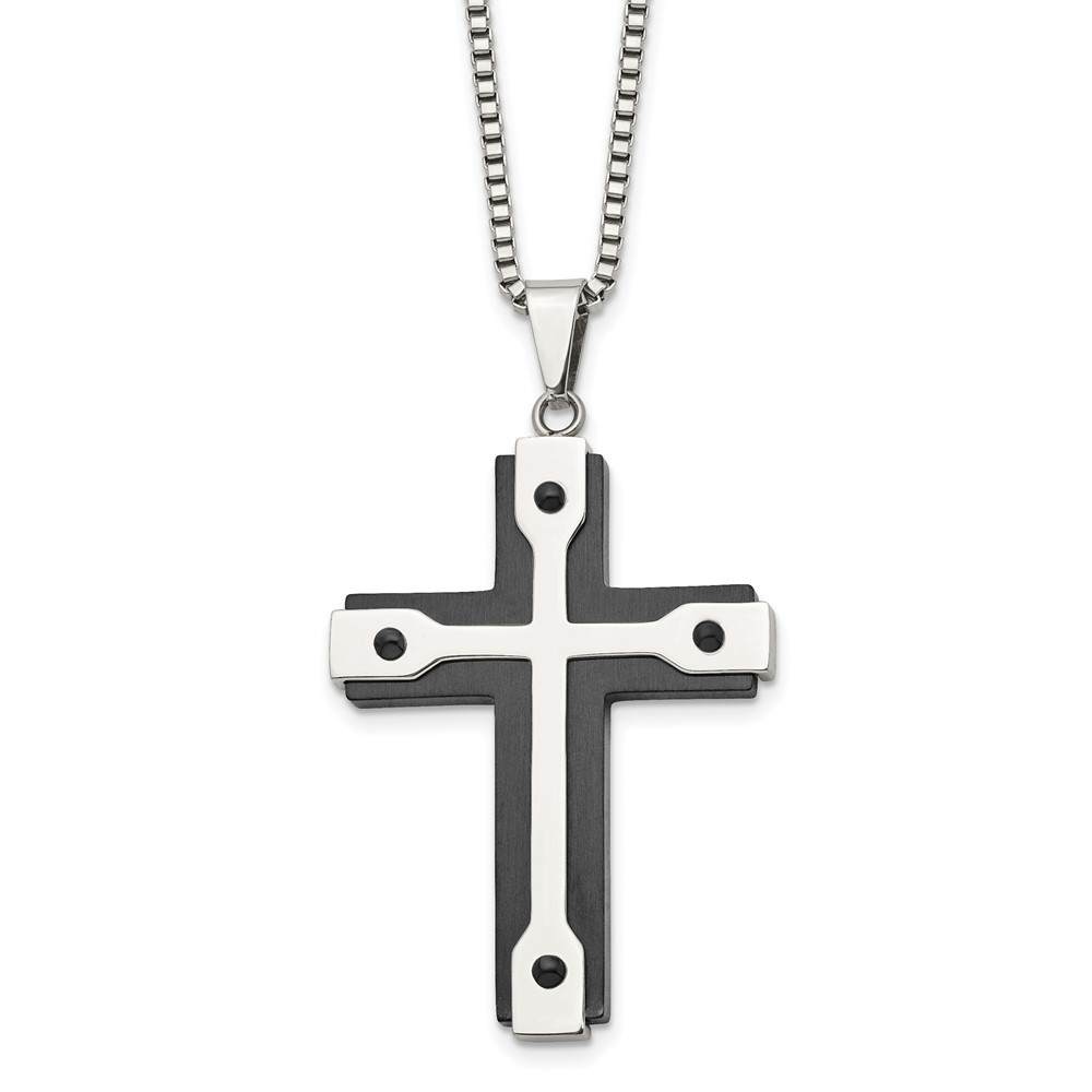 Stainless Steel Black IP Cross Pendant Necklace with 22 Inch Box Chain