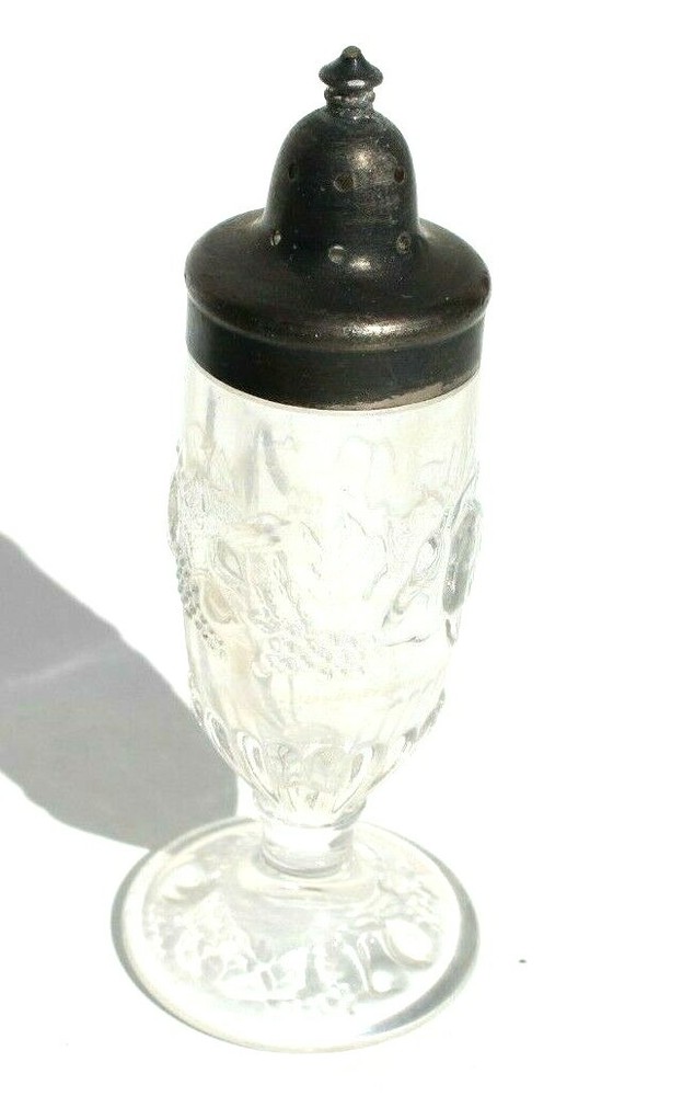 Vtg Antique Fruits Glass Kitchen Table Top Salt Shaker Sterling Silver Top