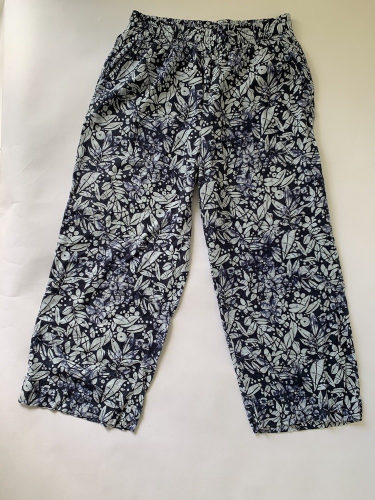 Christian Siriano Pants Women Large Blue Linen Wide Leg Crop  Floral Boho Beach