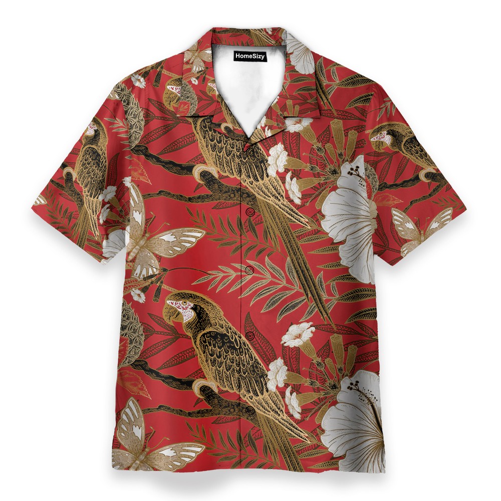 Parrot and Flower Tropical Pattern Japanese Style   Hawaiian Shirt Beach Shorts