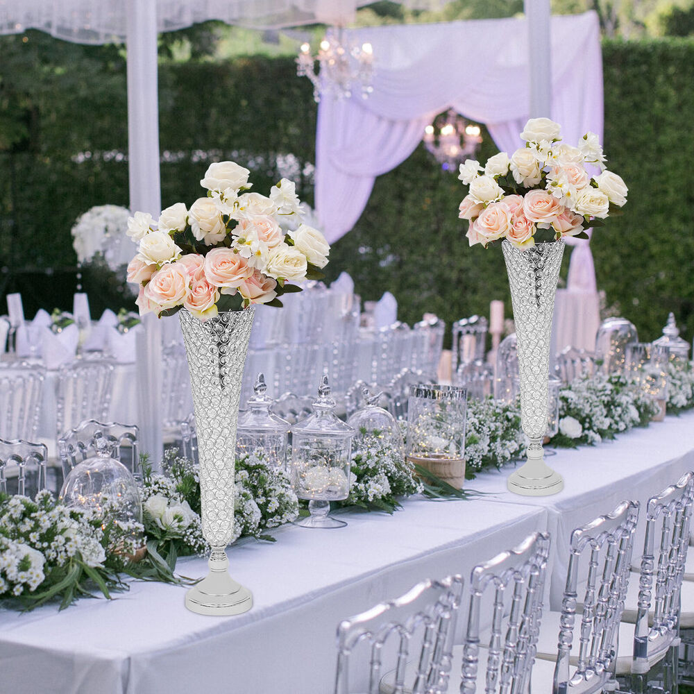 2 Pc Modern Crystal Trumpet Flower Silver Stand Crystal Vase For Wedding Decor