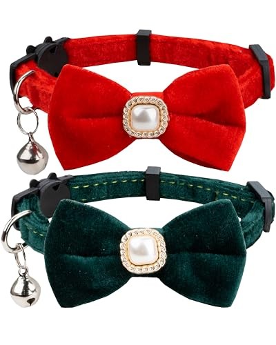 Elegant Velvet Cat Collar with Bow Tie & Faux Pearls - Red & Green - 2 Pack